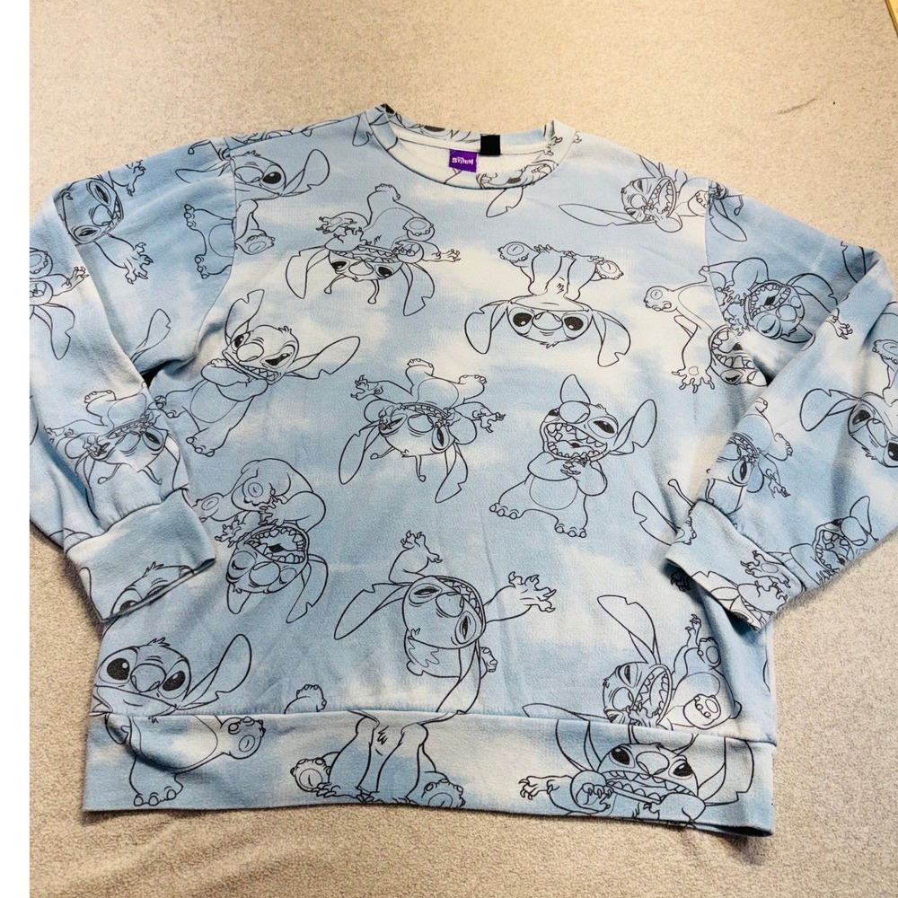 Disney Stitch‎ Sweatshirt Womens Large Blue Cloud Wash All Over Print Crewneck